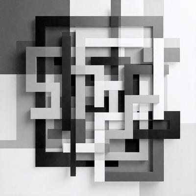 The primary subject of the image is a black and white geometric pattern. The setting is a white wall, and the visual style is a combination of digital art and illustration. The dominant colors are black and white, creating a minimalist and modern atmosphere.